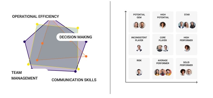 Talent analytics and performance management platform with competency radar chart and performance-Potential Matrix