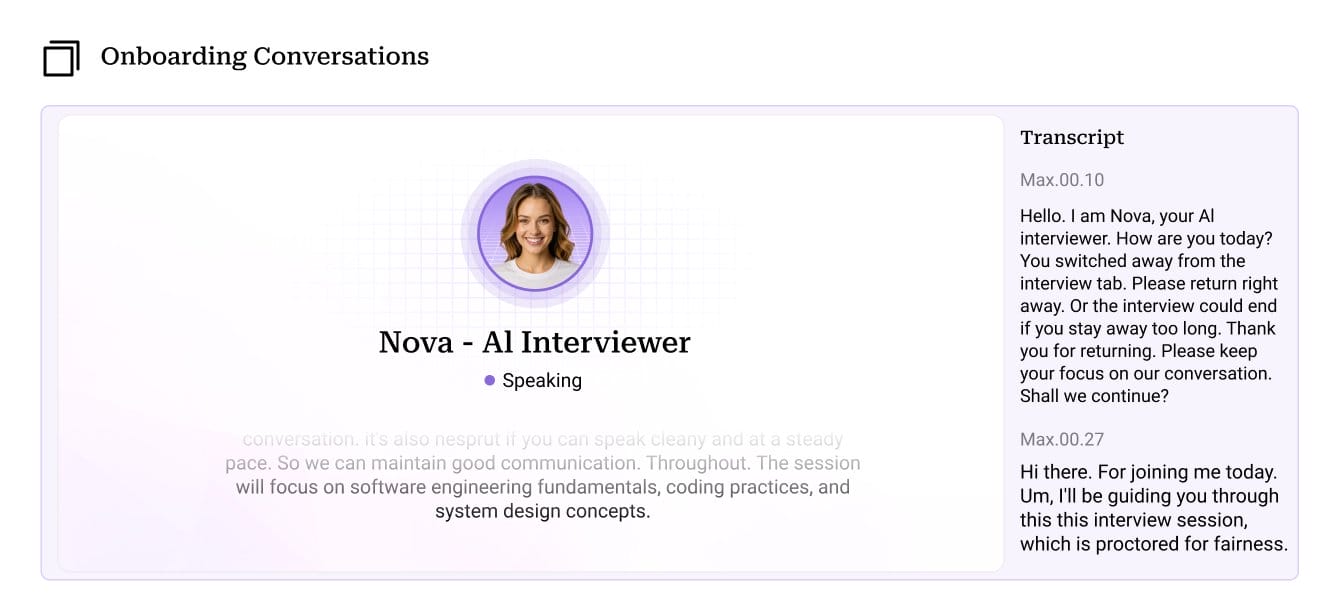 Onboarding Conversations screen from the Nova AI Talent Partner platform