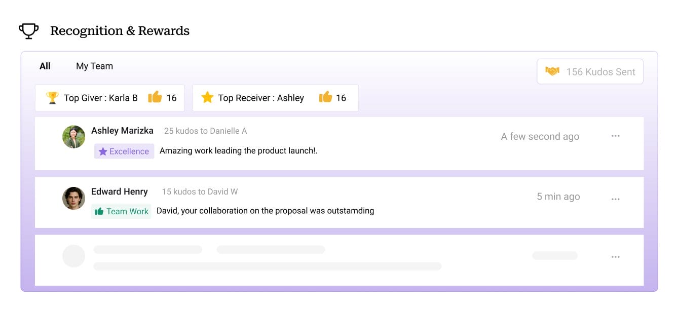 Screenshot of the recognition & rewards module from the Peoplebox platform