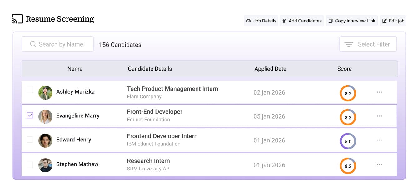 Resume Screening dashboard demonstration of the Nova AI Talent Partner platform.